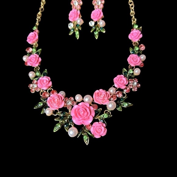 Pink Flower Rose Cluster Necklace Earring Set w/ Faux Pearl & Rhinestone Accents - Picture 5 of 15